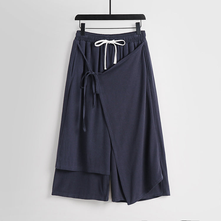 Summer loose linen pants, men's fake two Hanfu slacks, thin breathable cotton and linen wide-leg pants, straight cropped pants