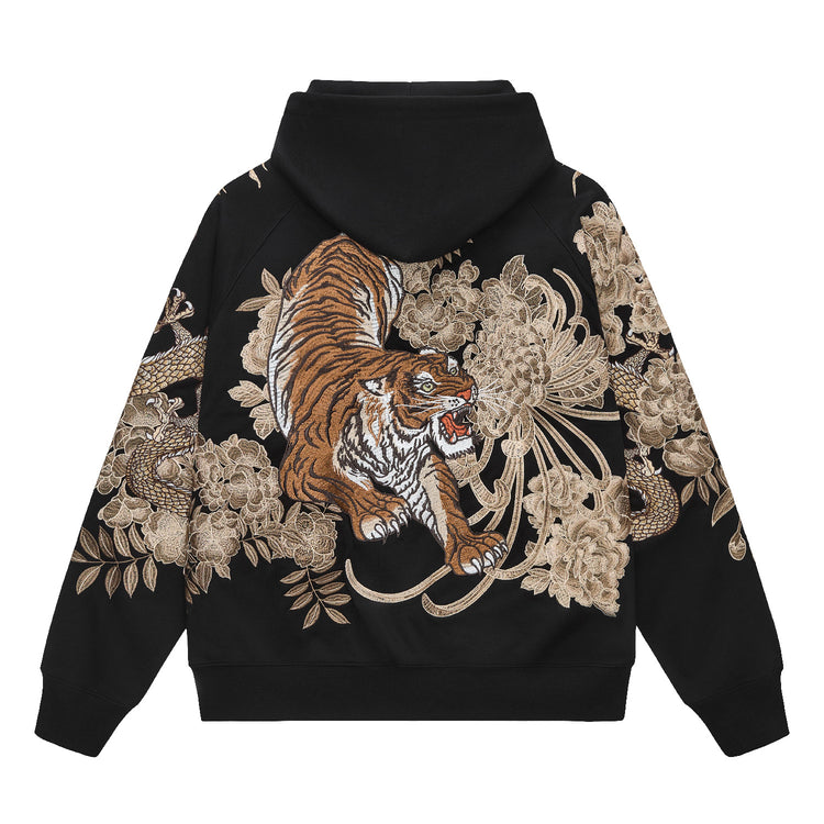 Huaxia Junpin Chinese Style Embroidered Dragon Soaring Tiger Leaping Embroidered Hooded Cardigan Dragon and Tiger Fight Sweatshirt Street Jacket W026