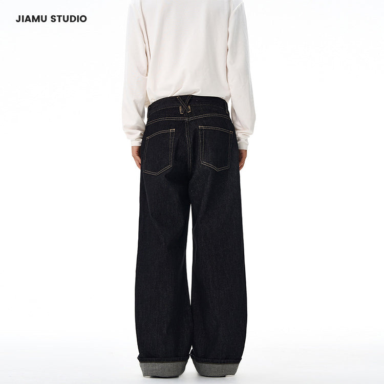 JIAMU red ear denim American high street baggy jeans unisex wide-leg jeans for men and women loose straight