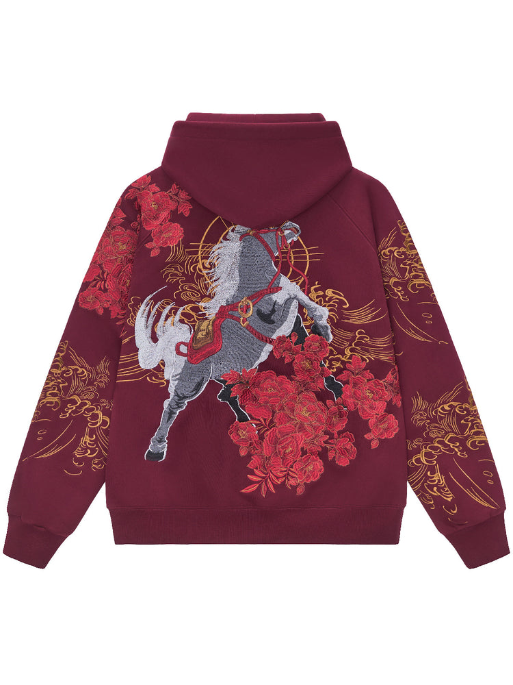 Huaxia Junpin Heavy Industries embroidered Chinese style Year of the Horse embroidery hooded pullover couple sweatshirt trendy brand jacket 19038