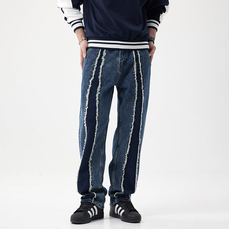 Men's Patchwork Jeans, Loose Straight-Leg Trendy Brand Autumn Heavyweight Washed High Street Versatile *** Design Pants for Men