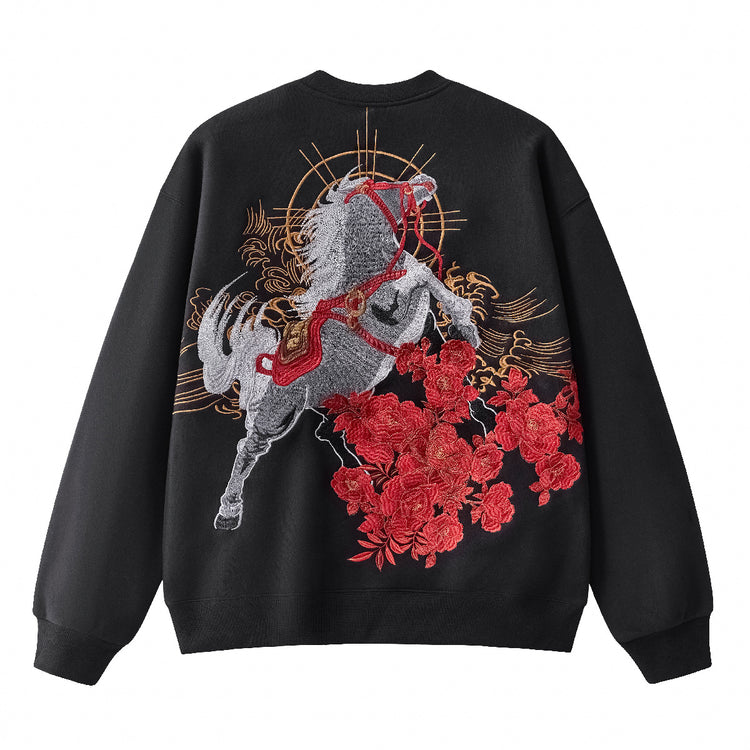 Huaxia Junpin Heavy Industry Embroidered Chinese Style Year of the Horse Embroidered Hooded Pullover Couple Sweatshirt Trendy Brand Jacket W302
