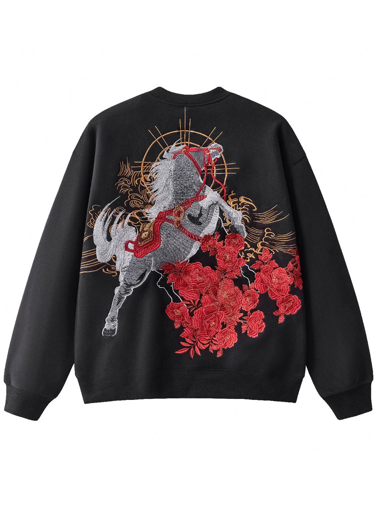 Huaxia Junpin Heavy Industry Embroidered Chinese Style Year of the Horse Embroidered Hooded Pullover Couple Sweatshirt Trendy Brand Jacket W302