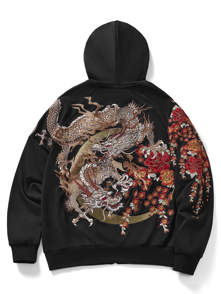 Huaxia Junpin Chinese style embroidery Feilong Heavy Industry embroidered hooded cardigan zipper sweatshirt trendy brand jacket W008