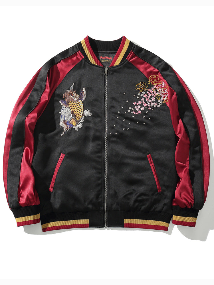 Huaxia Junpin Heavy Industry Embroidery Men's Koi Embroidered Jacket Chinese Style Vintage Jacket Baseball Uniform B002