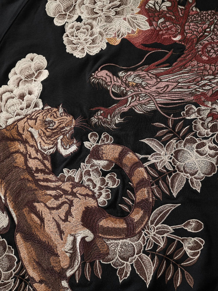 Huaxia Junpin Chinese Style Embroidered Dragon Soaring Tiger Leaping Embroidered Hooded Cardigan Zipper Sweatshirt Street Jacket W025
