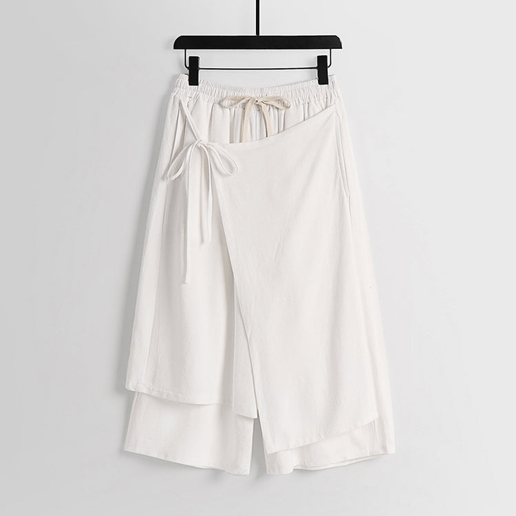 Summer loose linen pants, men's fake two Hanfu slacks, thin breathable cotton and linen wide-leg pants, straight cropped pants