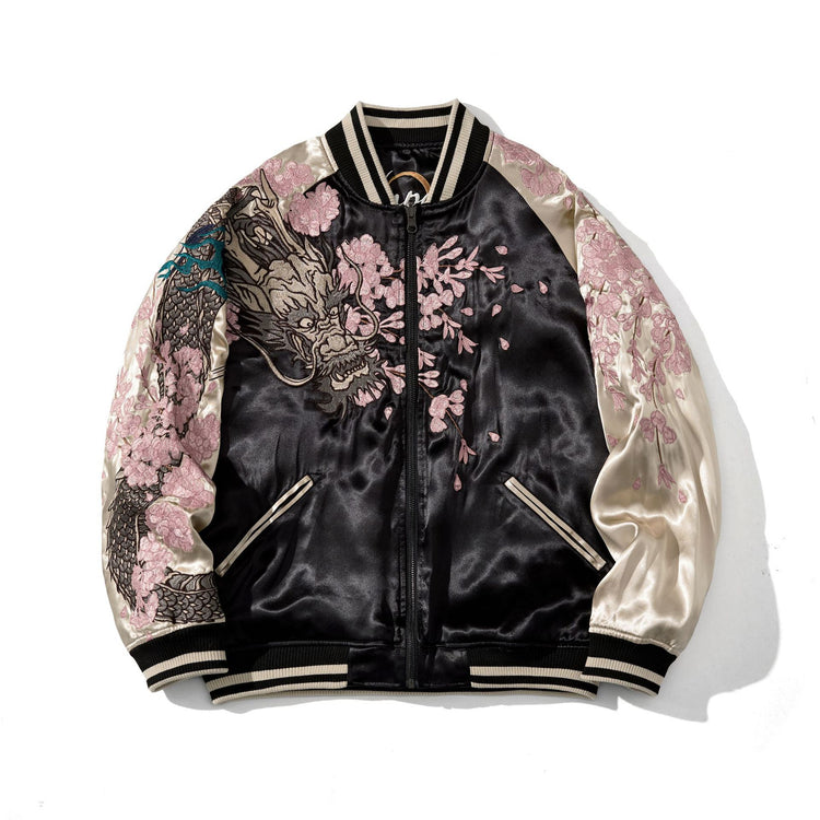 Yokosuka Heavy Industries Sakura dragon embroidery baseball uniform jacket Chinese style men's double-sided jacket top national tide spring and autumn