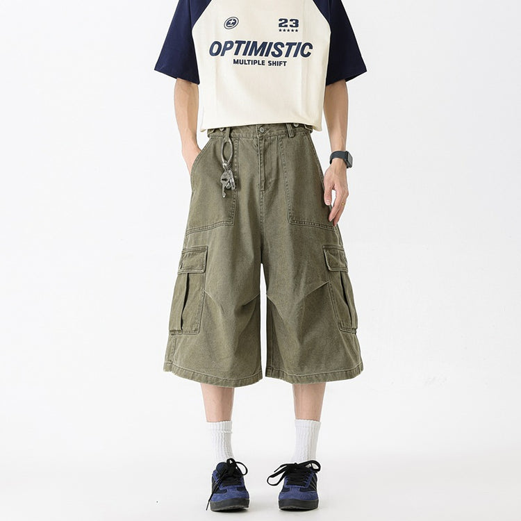 Summer new denim cropped pants for men, vintage washed trendy design, loose straight-leg drape workwear wide-leg pants