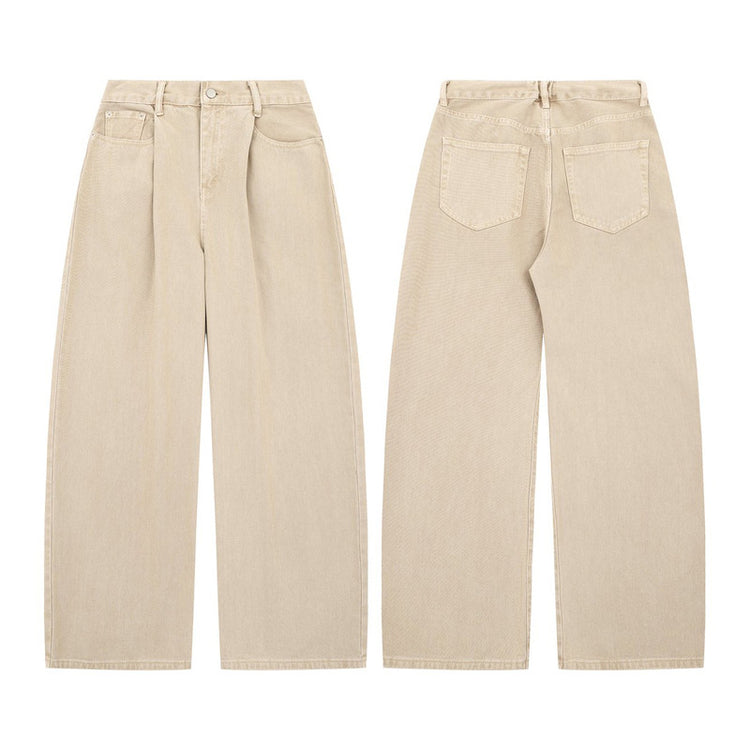 Pleated wide-leg jeans, khaki color distressed washed loose drape cut trendy brand high street style long pants for men