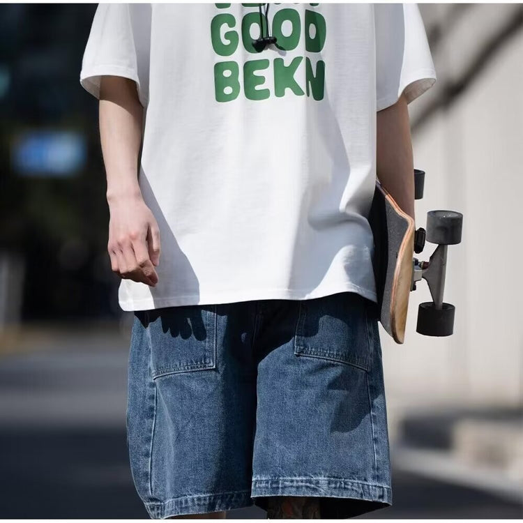 2024 Summer New Hong Kong Style Straight-Leg Plus Size Five-Point Pants, American High Street Trendy Student Denim Shorts