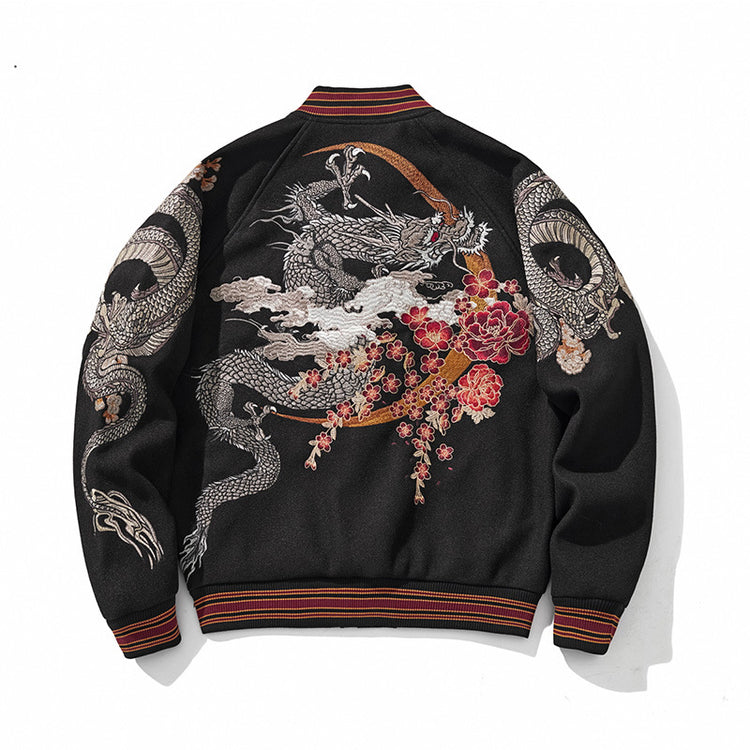 Cross-border new Chinese style heavy industry dragon pattern embroidered woolen jacket, baseball jacket, men's national style thick style for autumn and winter