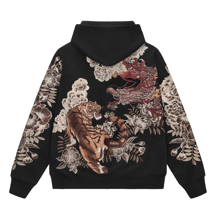 Huaxia Junpin Chinese Style Embroidered Dragon Soaring Tiger Leaping Embroidered Hooded Cardigan Zipper Sweatshirt Street Jacket W025