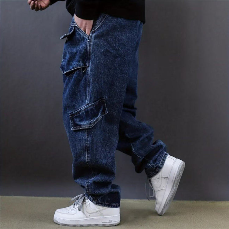 Retro multi-pocket utility jeans for men, 2026 spring, roguish cool loose high street straight-leg wide-leg deconstructed pants