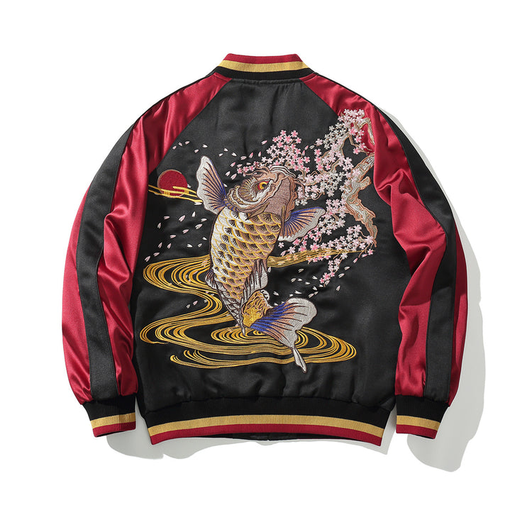 Huaxia Junpin Heavy Industry Embroidery Men's Koi Embroidered Jacket Chinese Style Vintage Jacket Baseball Uniform B002