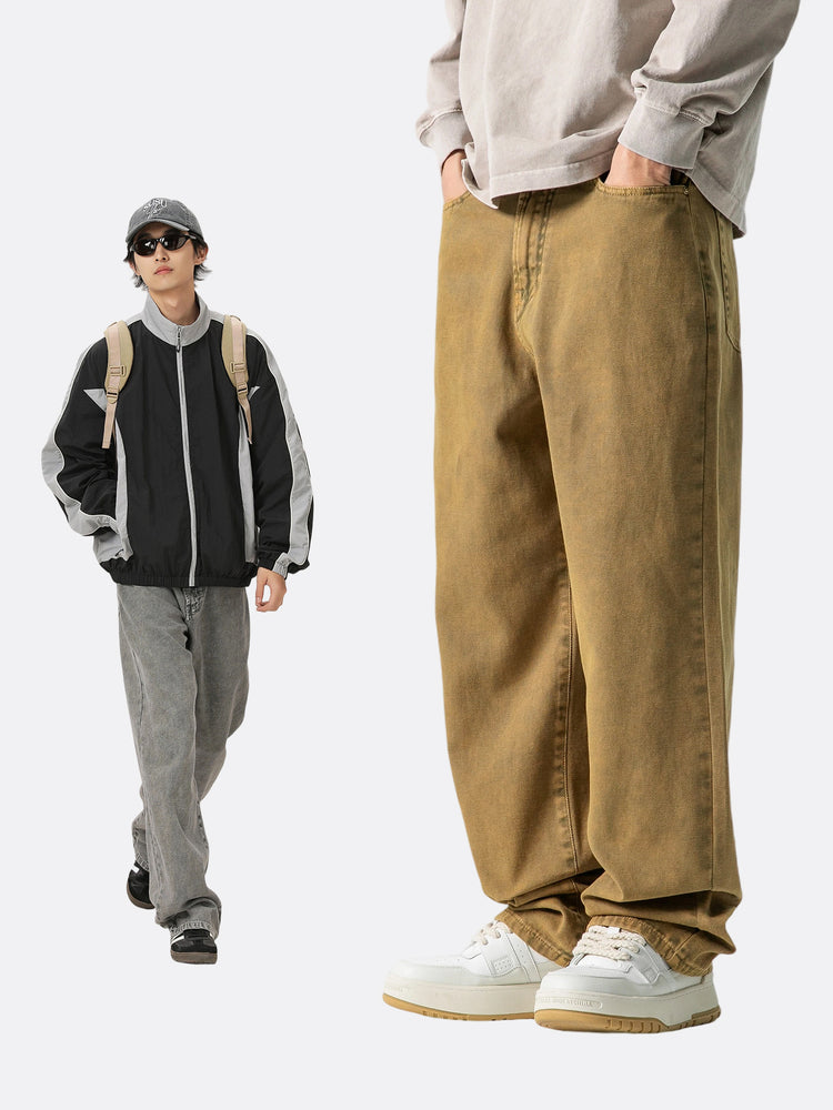 Black Fleet heavyweight casual American vintage washed workwear classic pants, comfortable straight-leg slightly loose jeans