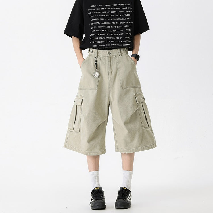 Summer new denim cropped pants for men, vintage washed trendy design, loose straight-leg drape workwear wide-leg pants