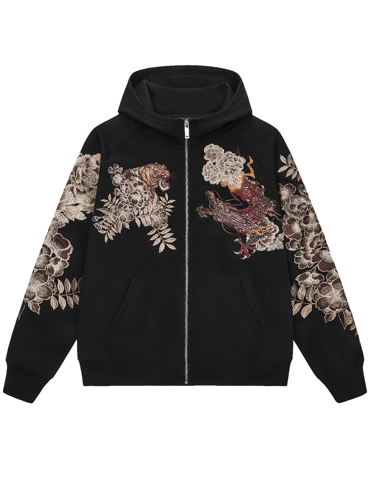 Huaxia Junpin Chinese Style Embroidered Dragon Soaring Tiger Leaping Embroidered Hooded Cardigan Zipper Sweatshirt Street Jacket W025