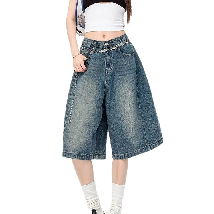 2026 American vintage casual relaxed denim five-point for men and women, new loose high street wide-leg mid-length pants trendy style