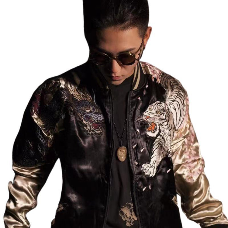 Ukiyo-e men's heavy-duty printed blue dragon and white tiger Four Divine Beasts jacket, autumn and winter new long-sleeve jacket, the Four Divine Beasts