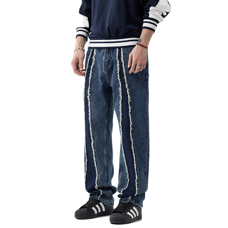 Men's Patchwork Jeans, Loose Straight-Leg Trendy Brand Autumn Heavyweight Washed High Street Versatile *** Design Pants for Men