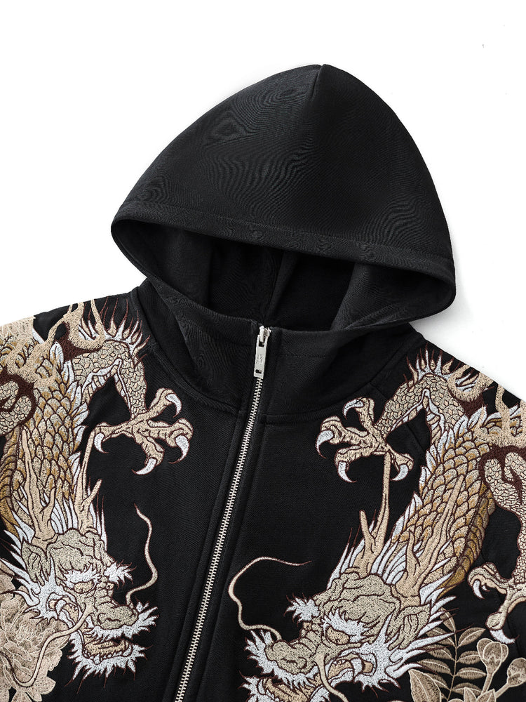 Huaxia Junpin Chinese Style Embroidered Dragon Soaring Tiger Leaping Embroidered Hooded Cardigan Dragon and Tiger Fight Sweatshirt Street Jacket W026