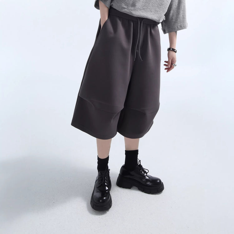 American retro lazy drawstring cropped pants men's loose casual curved origami three-dimensional silhouette athletic shorts summer