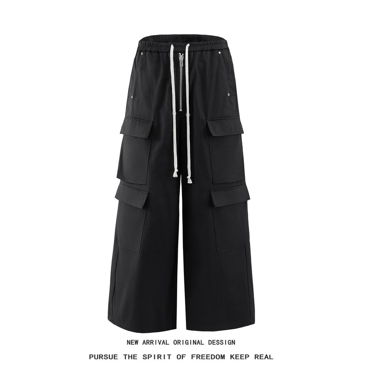 Dark RO Style 26 New Large Pocket Zipper Workwear Design Elastic Waist American Loose Wide-Leg Casual Pants