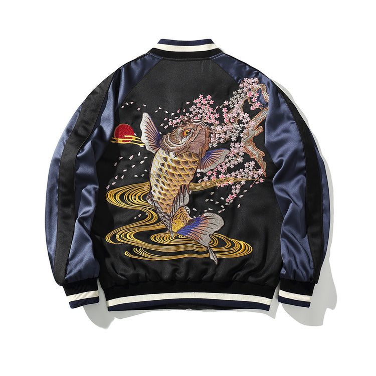Huaxia Junpin Heavy Industry Embroidery Men's Koi Embroidered Jacket Chinese Style Vintage Jacket Baseball Uniform B002