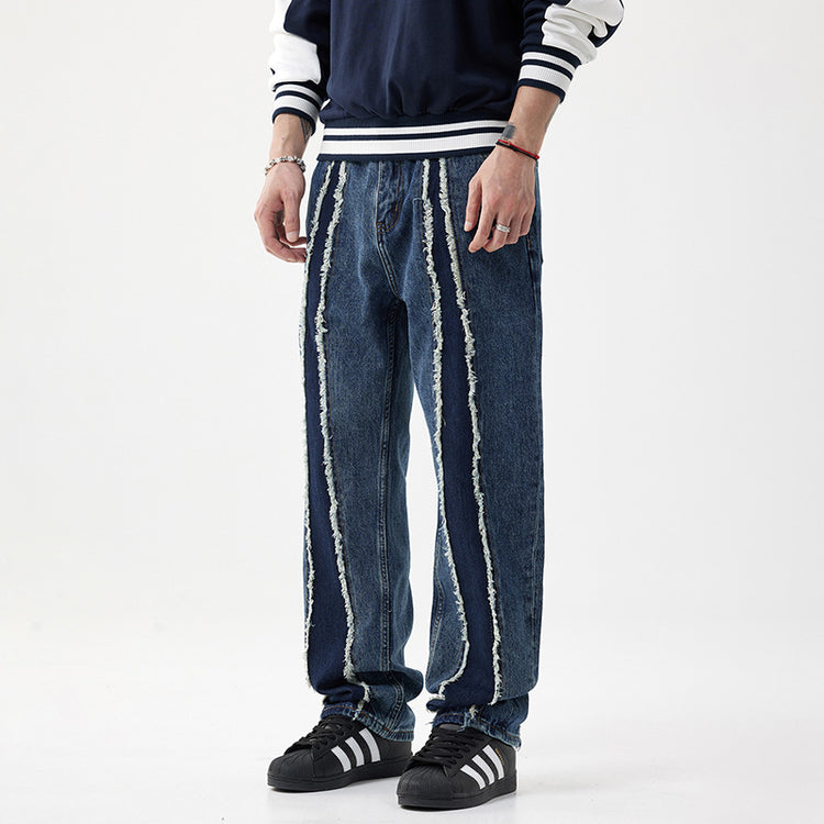 Men's Patchwork Jeans, Loose Straight-Leg Trendy Brand Autumn Heavyweight Washed High Street Versatile *** Design Pants for Men