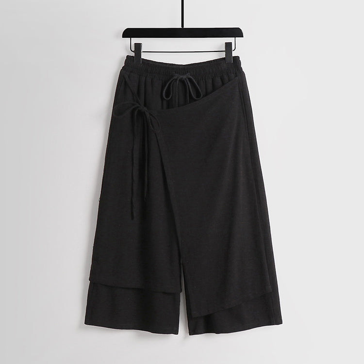 Summer loose linen pants, men's fake two Hanfu slacks, thin breathable cotton and linen wide-leg pants, straight cropped pants