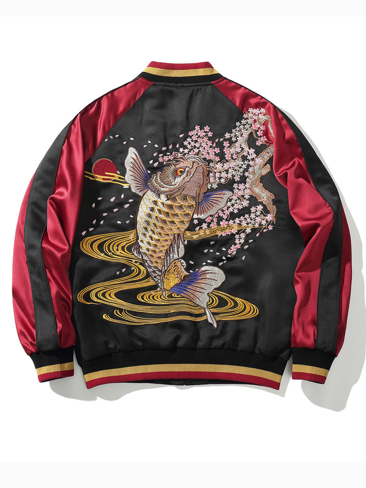 Huaxia Junpin Heavy Industry Embroidery Men's Koi Embroidered Jacket Chinese Style Vintage Jacket Baseball Uniform B002