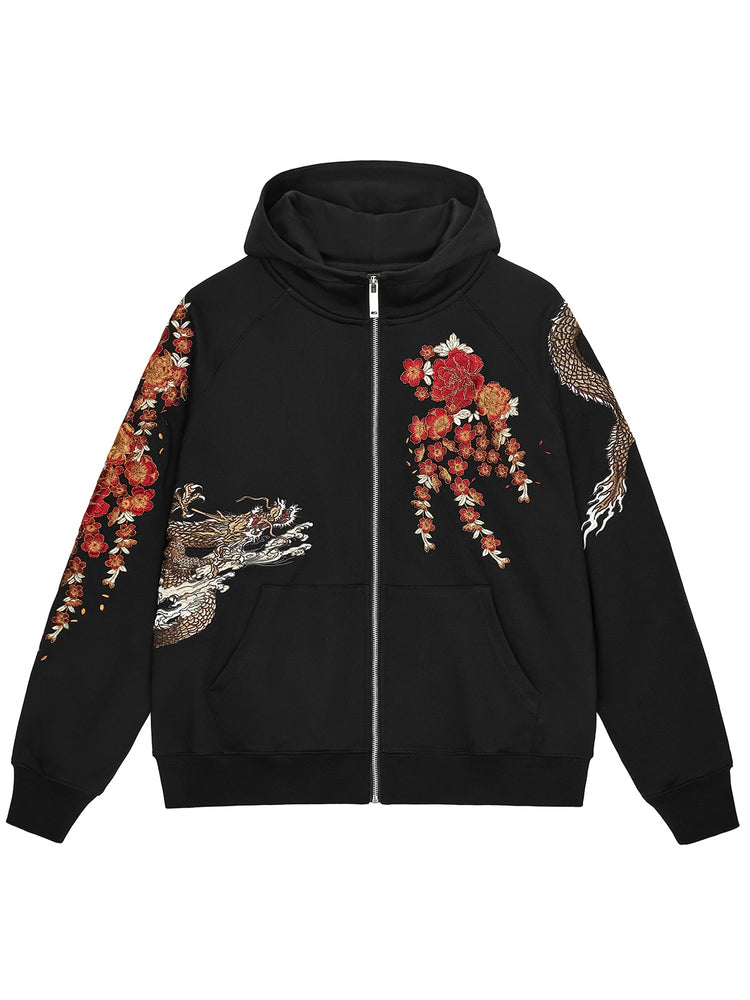 Huaxia Junpin Chinese style embroidery Feilong Heavy Industry embroidered hooded cardigan zipper sweatshirt trendy brand jacket W008