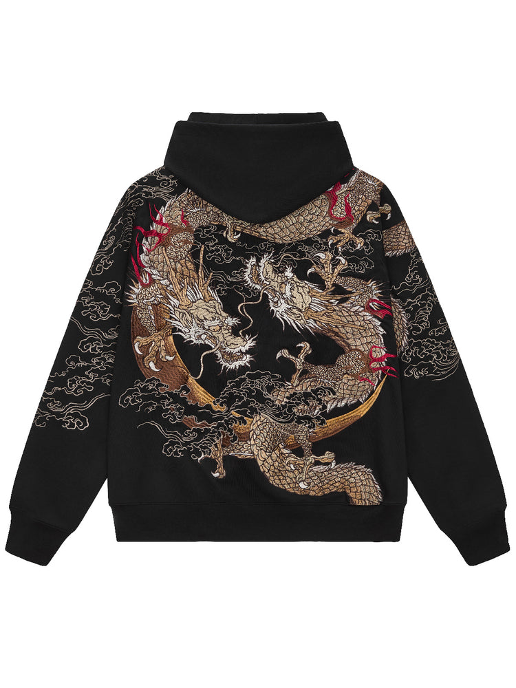 Huaxia Junpin Chinese Style Embroidered Double Dragon Playing with Pearl Embroidered Hooded Cardigan Zipper Sweatshirt Street Jacket W027