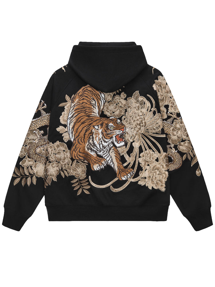 Huaxia Junpin Chinese Style Embroidered Dragon Soaring Tiger Leaping Embroidered Hooded Cardigan Dragon and Tiger Fight Sweatshirt Street Jacket W026