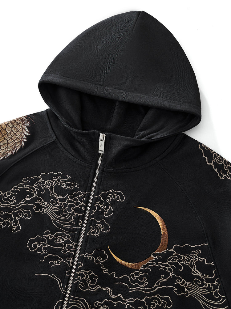 Huaxia Junpin Chinese Style Embroidered Double Dragon Playing with Pearl Embroidered Hooded Cardigan Zipper Sweatshirt Street Jacket W027