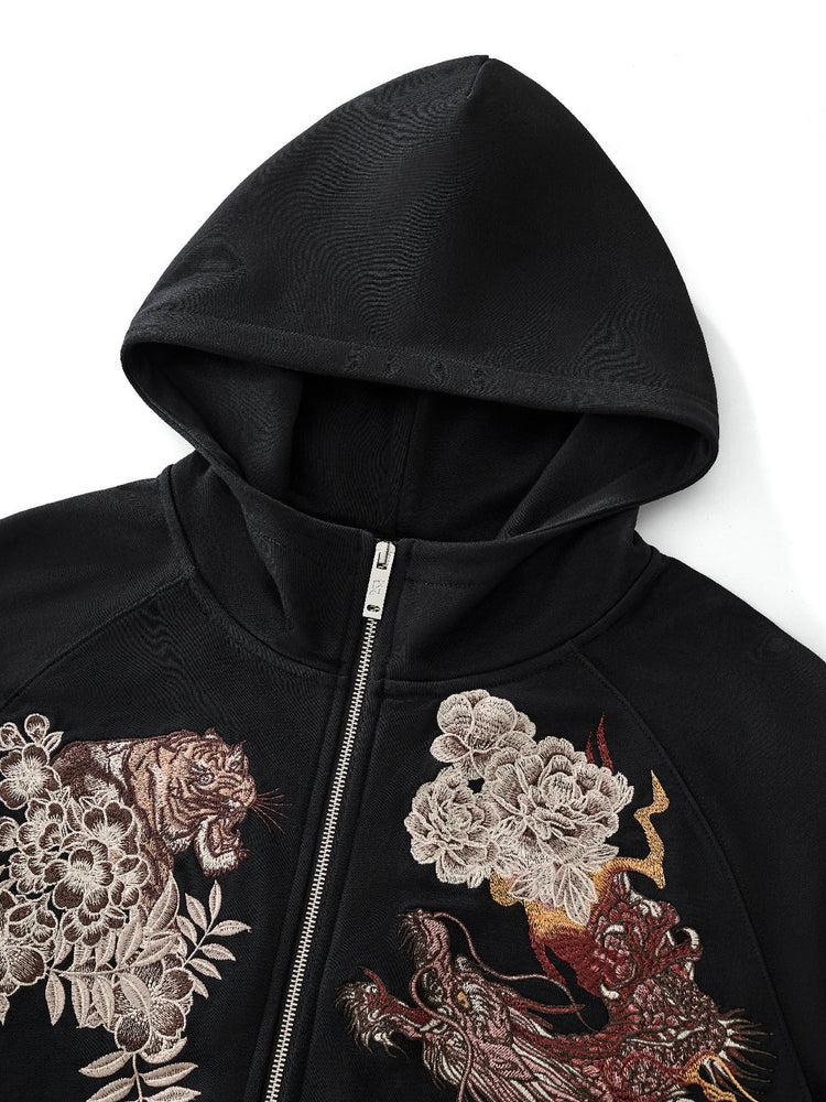 Huaxia Junpin Chinese Style Embroidered Dragon Soaring Tiger Leaping Embroidered Hooded Cardigan Zipper Sweatshirt Street Jacket W025