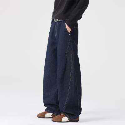 2025 New American Retro Light Blue Jeans for Men, High Street Hip-Hop Stacked Design, Straight-Leg Loose