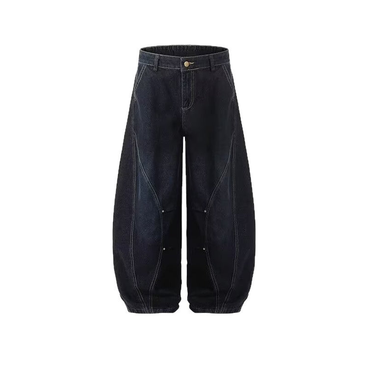American vintage patchwork deconstructed collection of exposed lines and curved blade silhouette blue jeans for men, loose design wide-leg pants