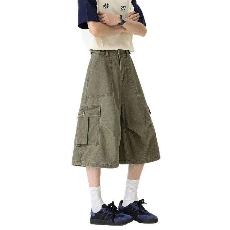 Summer new denim cropped pants for men, vintage washed trendy design, loose straight-leg drape workwear wide-leg pants