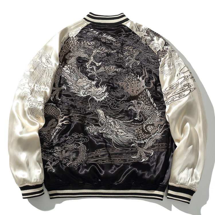 Huaxia Junpin Chinese style national trend jacket casual satin embroidery double dragon play beads baseball uniform jacket S114