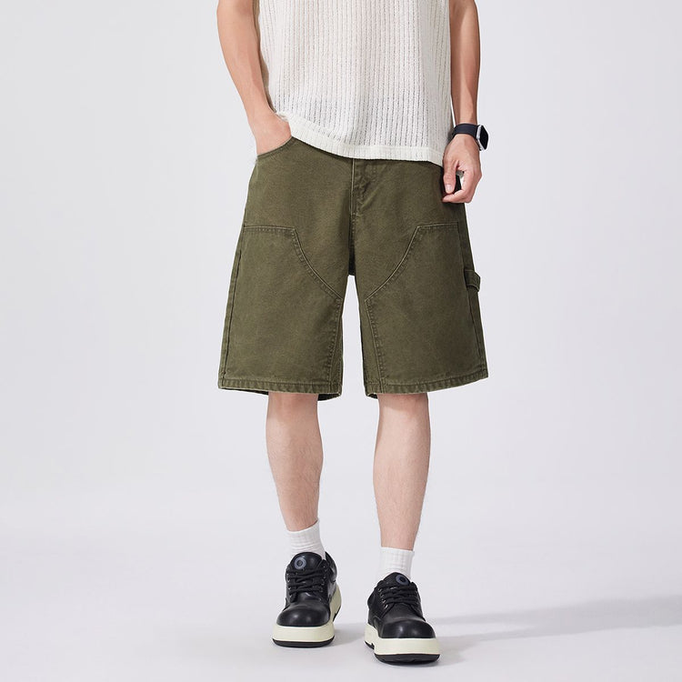 Shanggu Menswear summer new pure cotton trendy men's utility jeans, American vintage loose mid-rise shorts