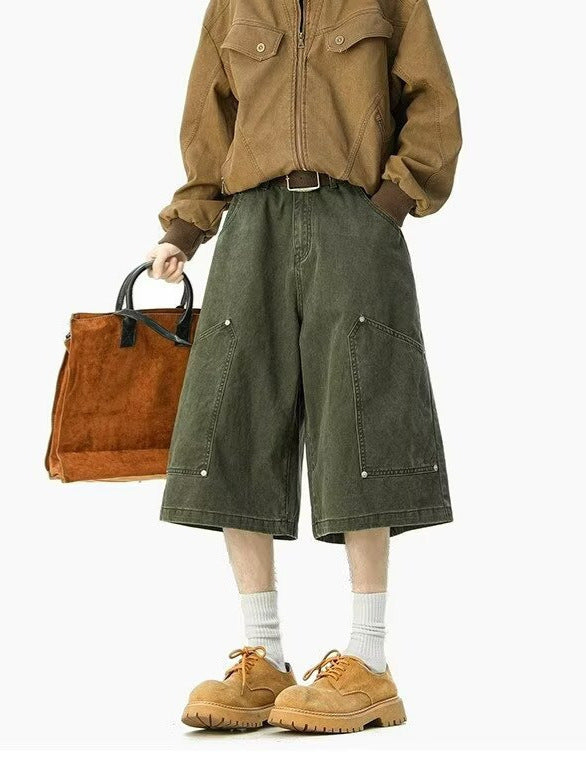 2025 New American Cargo Shorts Men's Summer Couple Versatile Loose Army Green Casual Straight Cropped Pants
