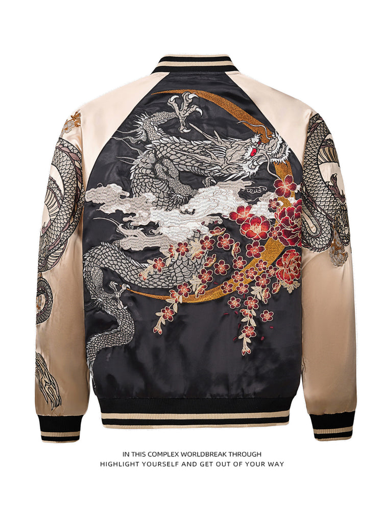 Yuelong heavy embroidered jacket jacket baseball uniform satin Yokosuka trendy brand spring and autumn satin color blocking Chinese style
