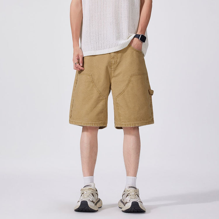 Shanggu Menswear summer new pure cotton trendy men's utility jeans, American vintage loose mid-rise shorts