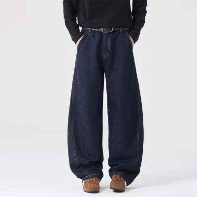 2025 New American Retro Light Blue Jeans for Men, High Street Hip-Hop Stacked Design, Straight-Leg Loose