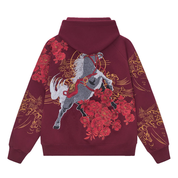 Huaxia Junpin Heavy Industries embroidered Chinese style Year of the Horse embroidery hooded pullover couple sweatshirt trendy brand jacket 19038