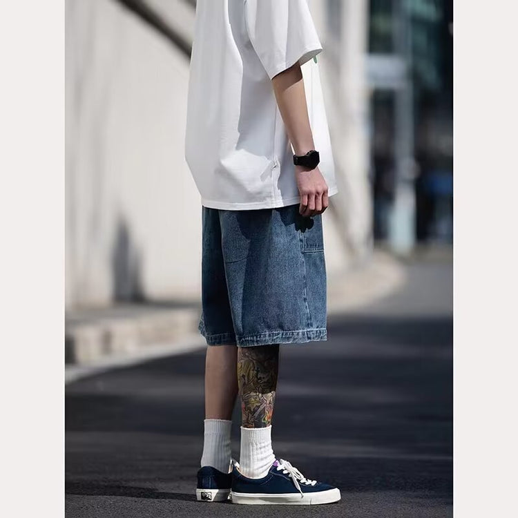 2024 Summer New Hong Kong Style Straight-Leg Plus Size Five-Point Pants, American High Street Trendy Student Denim Shorts