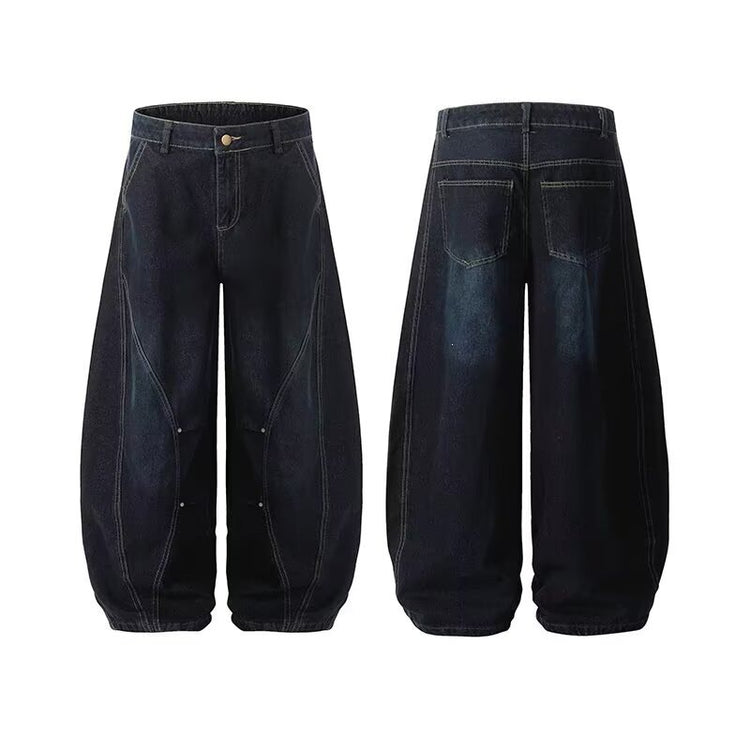 American vintage patchwork deconstructed collection of exposed lines and curved blade silhouette blue jeans for men, loose design wide-leg pants