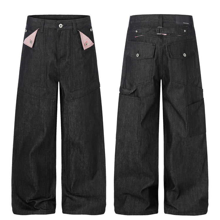 G60030 High Street American Unisex Natural Cow Color Premium Flap Pocket Design Men's Loose Jeans